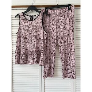 Kate Spade Pink Black Dalmatian Dot Pajama Set Top Pants Sleepwear Loungewear M